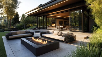 Obraz premium A luxury modern home with an expansive outdoor patio, stylish lounge furniture, and a fire pit.