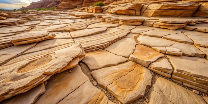 Layered sandstone formations exhibit a captivating texture of fractured and stratified rock surfaces, revealing a compelling geological narrative in warm, golden hues.