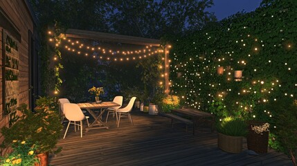 52.A cozy wooden terrace in contemporary style, set in a lush garden with a green wall fence, minimalist white chairs and a table, illuminated by warm string lights, overlooking a serene modern house.