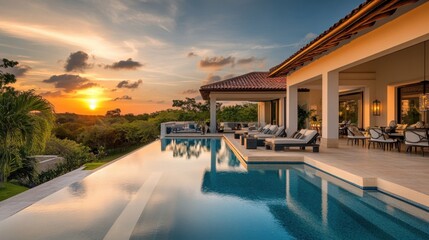 Fototapeta premium A luxury villa at sunset, featuring an open-air living space, private pool, and elegant dcor.