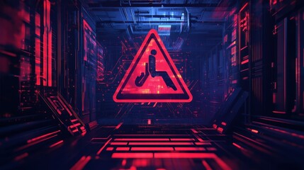 Fototapeta premium Futuristic room contains a warning sign for danger ahead of the viewer