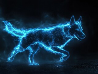 Fototapeta premium A striking image features an animal rendered with vibrant blue light, giving it an ethereal, energy-filled appearance against a dark backdrop.