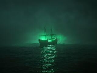 Fototapeta premium A majestic tall ship sails through a misty, ominous sea, lit by an eerie, intense green glow, creating a mysterious and captivating scene.