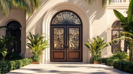 Fototapeta premium A Mediterranean villa with a curved wooden door, adorned with intricate ironwork.