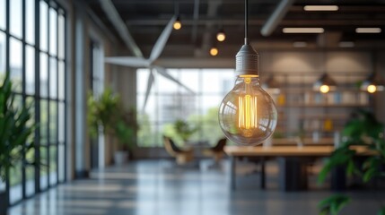 Obraz premium Stylish modern office with a glowing filament light bulb in focus. A concept of innovative workspace, creativity, and professional atmosphere