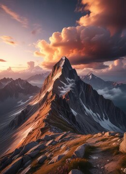 Mountain peak with dramatic cloud formations and sunset glow , serene, wilderness, peaceful
