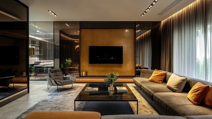 Fototapeta premium Modern living room interior design, spacious, luxurious, contemporary style, perfect for photoshoot