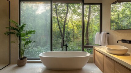 Fototapeta premium A modern bathroom with a frosted glass window, allowing in natural light while maintaining privacy.