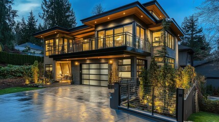 Fototapeta premium A modern duplex house with a glass balcony, metal railings, and a beautifully lit driveway at night.