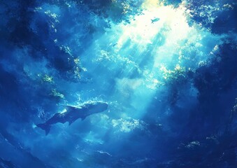 Obraz premium Tranquil Underwater Scene Featuring a Shark Silhouette Beneath Sunlit Surface and Ethereal Blue Ocean Environment with Rays of Light Penetrating Water