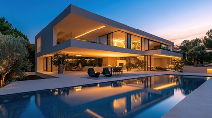 Fototapeta premium A modern villa at twilight, illuminated by soft outdoor lighting, reflecting beautifully in the pool.