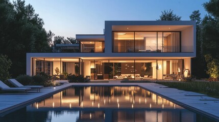 Fototapeta premium A modern villa at twilight, illuminated by soft outdoor lighting, reflecting beautifully in the pool.