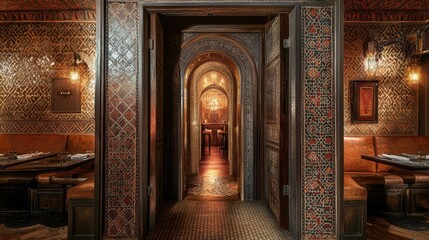 Obraz premium A Moroccan riad with a beautifully patterned closed door, framed by intricate tilework.