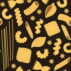 Seamless pattern with pasta and macaroni, various shapes and types. Hand-drawn vector illustration in cute trendy style.