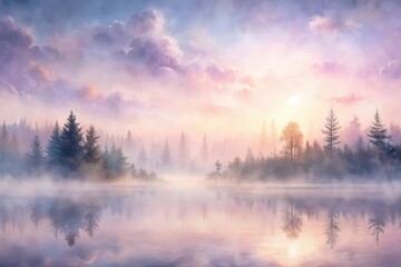 Fototapeta premium Serene Sunrise over Misty Lake and Pine Forest, Reflecting Peaceful Tranquility in Still Waters