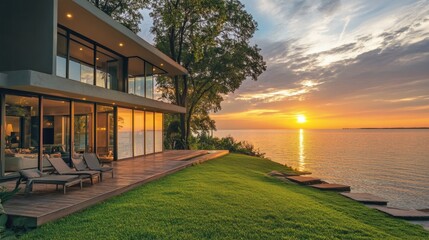 Obraz premium A peaceful lakefront home with wide glass windows, offering a stunning sunset view.