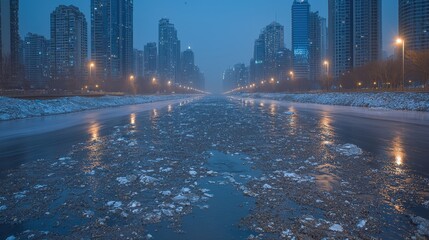 Obraz premium Urban Landscape with Frozen River and Ice in Evening Light
