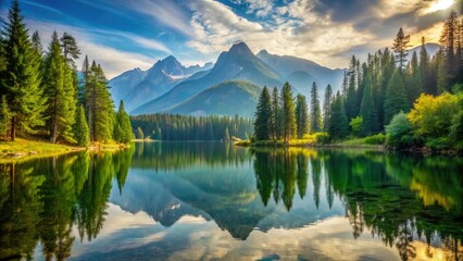 Nature-inspired landscape with trees, mountains, and a serene lake, wallpaper, scenery, laptop, landscape, mountain