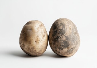Fototapeta premium Two rustic potatoes showcasing natural textures and variations on a light background for culinary or agricultural themed projects