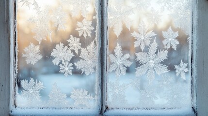 A snow-covered closed window with frost forming intricate ice patterns on the glass.