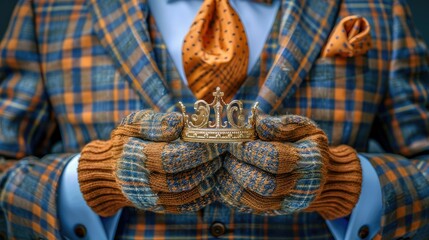 Naklejka premium A person in a patterned suit holds a small crown, emphasizing elegance and style.