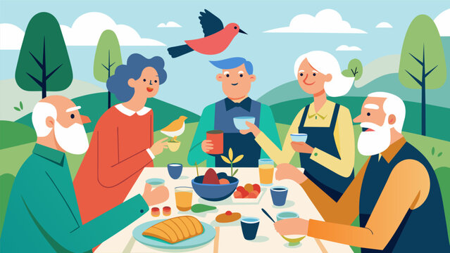 Laughter and excitement fill the air as the retirees gather for a picnic lunch delighting in the company of fellow bird enthusiasts and sharing stories of their best bird. Vector illustration