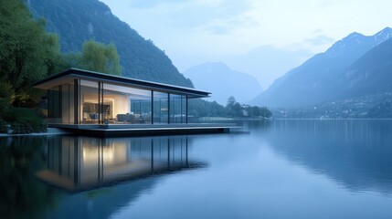 Naklejka premium A transparent glass house on a lake, reflecting the surrounding water and mountains in its sleek exterior.