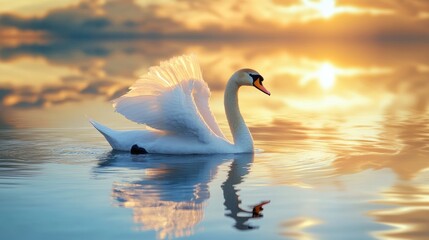 Obraz premium Majestic Swan Gliding on Calm Water at Sunset with Beautiful Reflections and Soft Warm Light