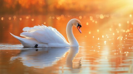 Fototapeta premium Elegant White Swan Gliding on Calm Water During Bright Sunset with Golden Reflections and Soft Bokeh Lights in Background