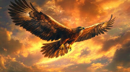 Majestic eagle soaring through vibrant sunset sky filled with golden clouds and warm hues, symbolizing freedom and power