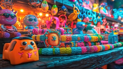 Fototapeta premium Colorful toys and vibrant accessories on a playful display shelf