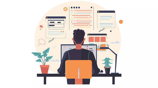 Experience developeer using laptop focusing on coding program,flat vector illustration,work from home concept.