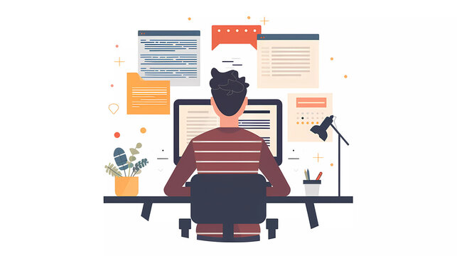 Experience developeer using laptop focusing on coding program,flat vector illustration,work from home concept.