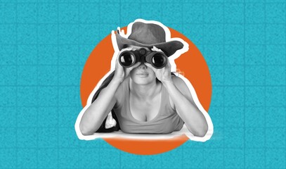 Art collage, binoculars on color blue background