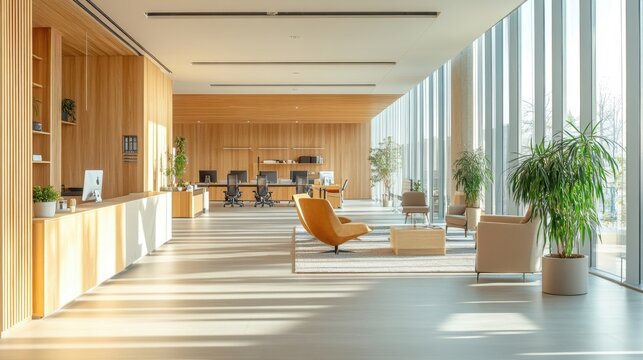 A modern office space with wooden furniture, large windows, and plants that bring a natural touch to the work environment, offering a productive and relaxing atmosphere for employees.