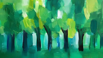 Abstract Green Forest Painting Impasto Trees Artwork