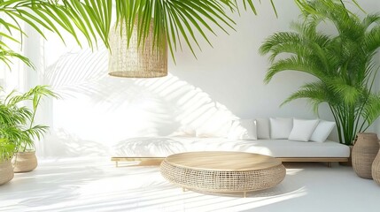 Obraz premium Bright tropical indoor space with natural light, plants, and furniture