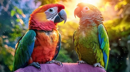 Colorful Parrots in a Green Forest During Sunset Light