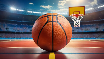 Obraz premium Dynamic Basketball on Court with Hoop in Stadium at Sunset - Sports Concept