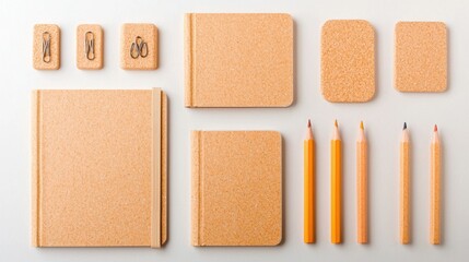 Fototapeta premium Minimalist Office Supplies with Cork Texture on Light Background