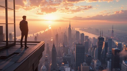 A businessman gazing at the city skyline from a rooftop at sunset, reflecting on success and future goals..