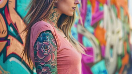 Fototapeta premium Young woman with vibrant tattoos poses against a colorful graffiti wall, showcasing urban art and style