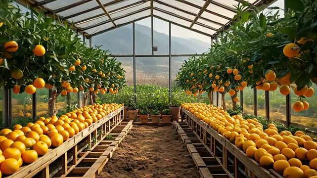 Greenhouse Orange Orchard; Abundant Citrus Trees; Rows of Fruit; Peaceful Rural Scene; Stock Photo
