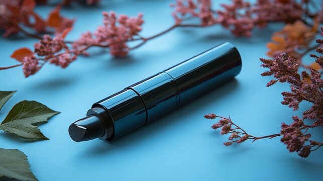 Cosmetic Product Display, Flowers, Blue Background - Powered by Adobe