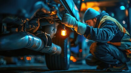 Auto mechanic checking exhaust system under car, industrial photography style highlighting precision, safety and diagnostics concept, suitable for car repair advertising or service promotions, horizon