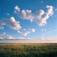 Fototapeta premium Open grass field with cloudy blue sky