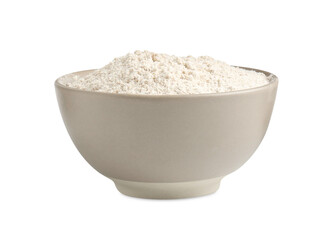 Brown rice flour in bowl isolated on white