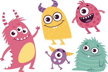Obraz premium Cute Cartoon Monsters - Colorful Friendly Creatures & Funny Aliens Illustration