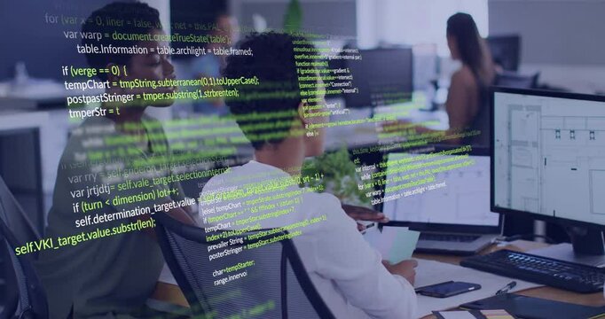 People working at office desks with green coding animation overlay