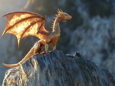 Golden dragon perched atop a rocky peak, wings outstretched in the golden light of sunrise.